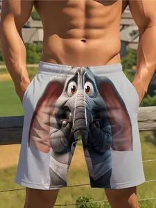 Funny 3D Elephant Print Drawstring Shorts, Novelty Humorous Casual Summer Pants, Beach Vacation Wear for Men