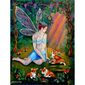 212 MAIN Double-Sided Rectangular Fairy Theme Garden Flag - Features a Fairy in the Woods, Accompanied by Her Corgi Companions