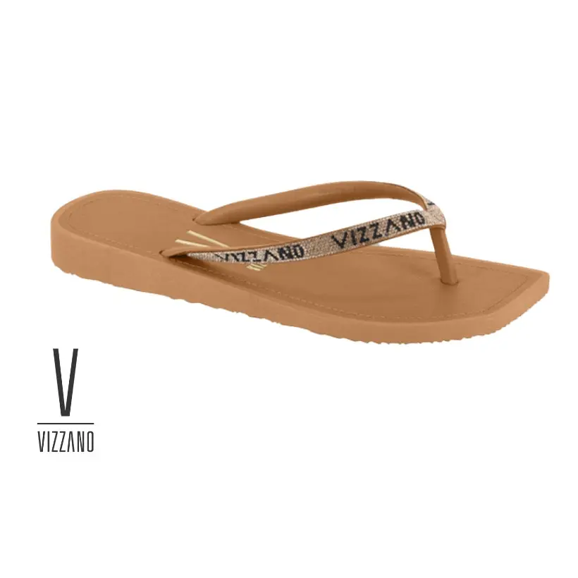 Vizzano Logo Flip-Flops Women's Square-Toe Thong Sandals with Cushioned Flat Sole Summer Walking Shoes Golden Color Fashionable Slip-On Thong Sandals