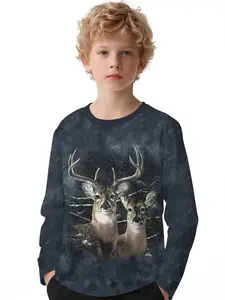 Boys' Long Sleeve Round Neck Fitted Casual Top, Graphic Print Tee, All Season Wear, Perfect Gift for Boys, Made of Polyester, Forest Deer Print Design
