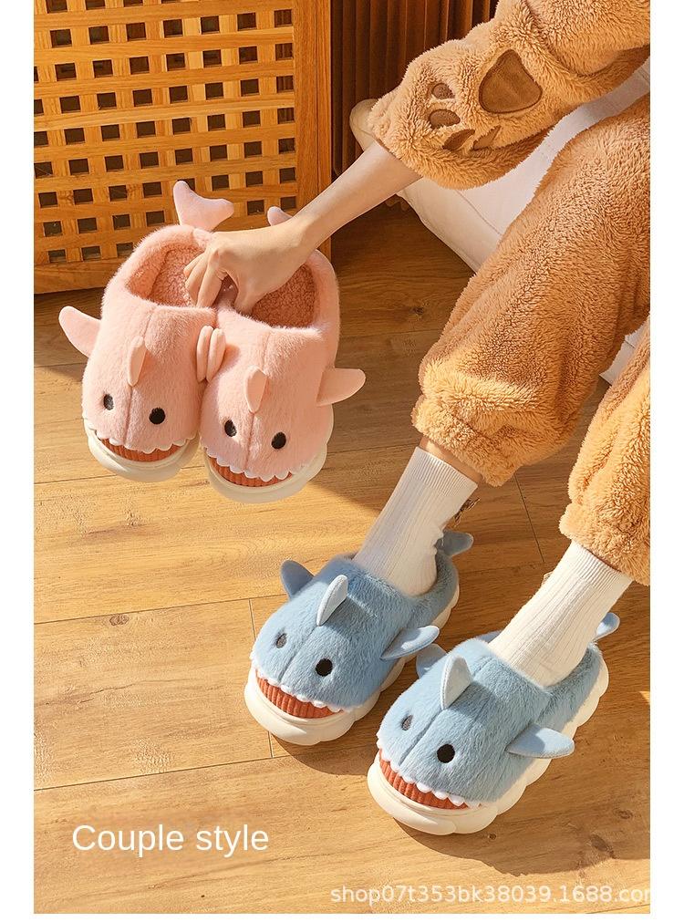 Cotton Slippers for Women Winter  Shark Cartoon Cute Fleece Lined Thick Anti-Slip Quiet Indoor Warm Cotton Shoes