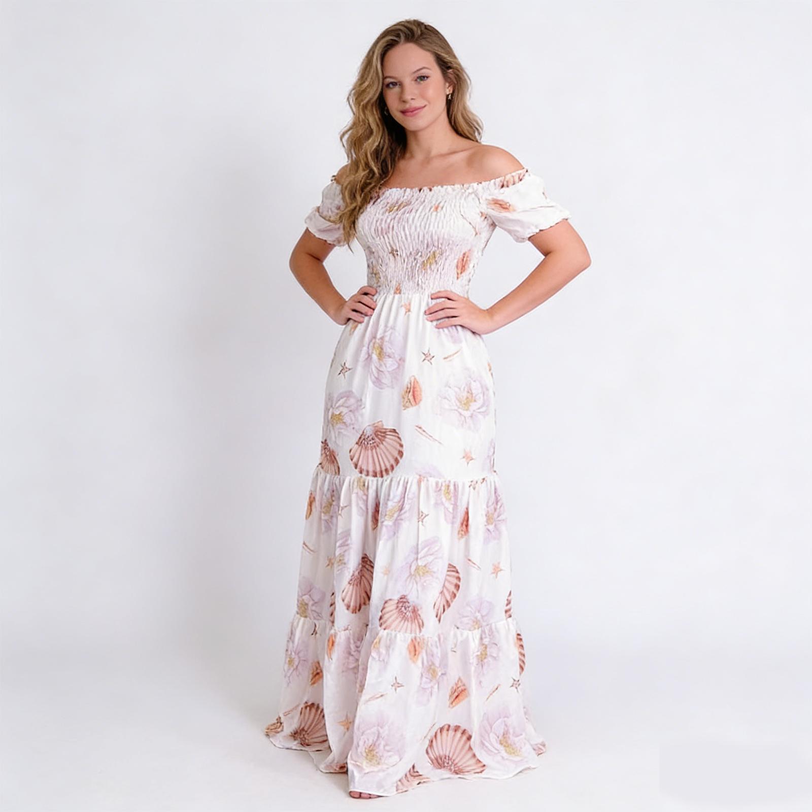 LikeMychoice Women's Off Shoulder Ruffle Long Dress Tropical Print Vacation Maxi Dress Casual Womenswear LikeMychoice Women's Off Shoulder Ruffle Long Dress Tropical Print Vacation Maxi Dress Casual Womenswear