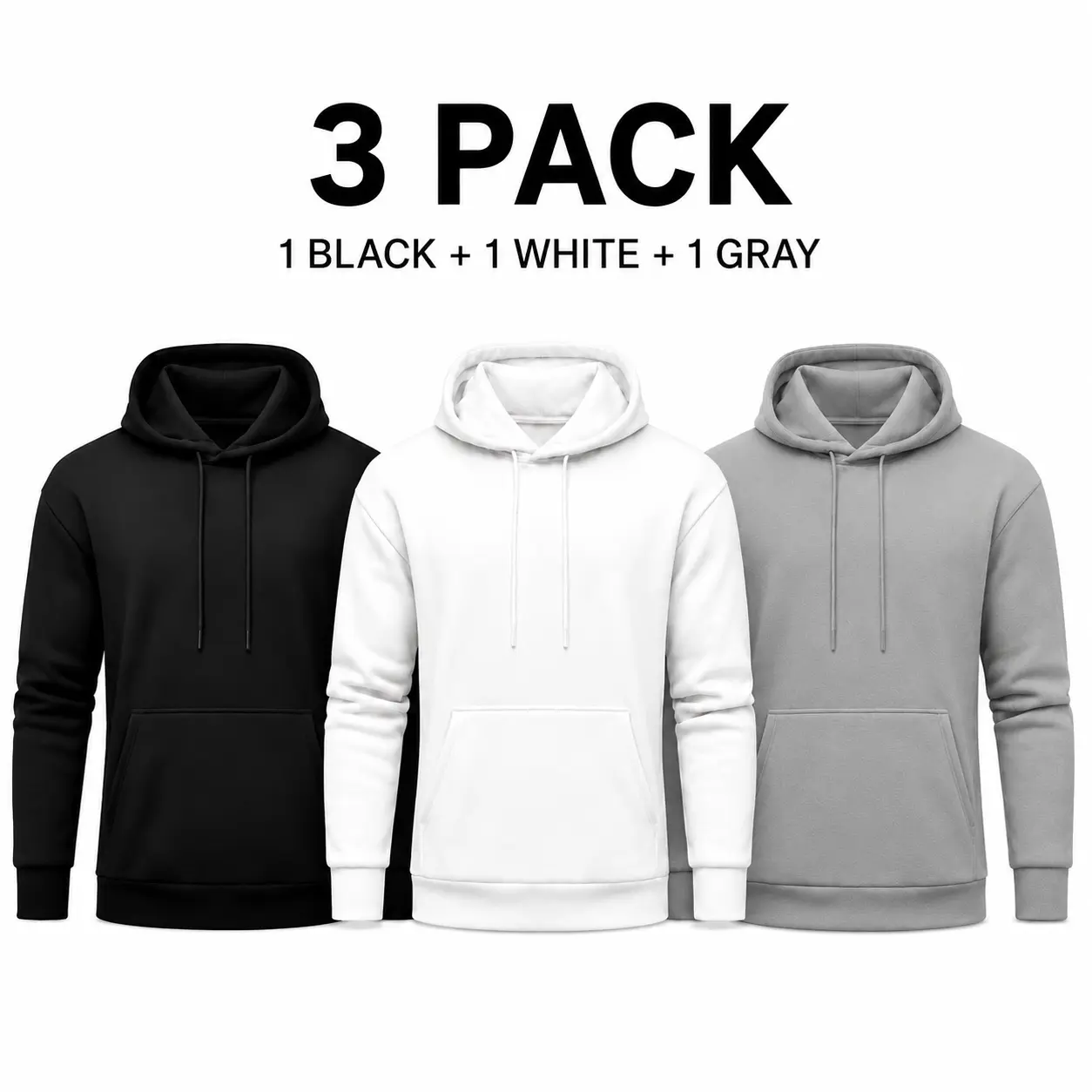 3-Pack Unisex Pullover Hoodies, Black White Gray Solid Color Sweatshirts with Drawstring Hood and Kangaroo Pocket, Casual Street Style Long Sleeve Hooded Tops, Everyday Fall Winter Layering Hoodies for Men and Women