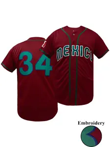 Men's Embroidered Mexico #34 Baseball Jersey, Loose Fit Short Sleeve Baseball Shirt, Breathable V-Neck, All-Season Comfort Sportswear, Machine Washable,for Team Sports, Casual & Game Day - Athletic Apparel for Football Players & Fans Jersey Shirts