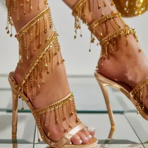 Gold Strap Roman Style High Heel Women's Sandals - Open Toe Stiletto Slip On Summer Footwear with Tassels for Girls European & American Fashion Sizes 35-42 PU Material Fish Mouth Toe Holder Design - Shoe Decor Parent Daddy Black