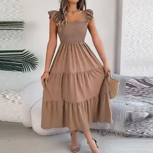 2024 Summer Solid Tank Long Dress For Women Square Collar Sleeveless A-Line Maxi Dress Backless Slim Waist Pleated Beach Dresses