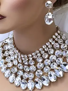 2pc/Elegant Multilayer Women's Apron Necklace Earrings Set, Artificial Crystal Embellished Party Wedding Shiny Accessories, Jewelry Gift