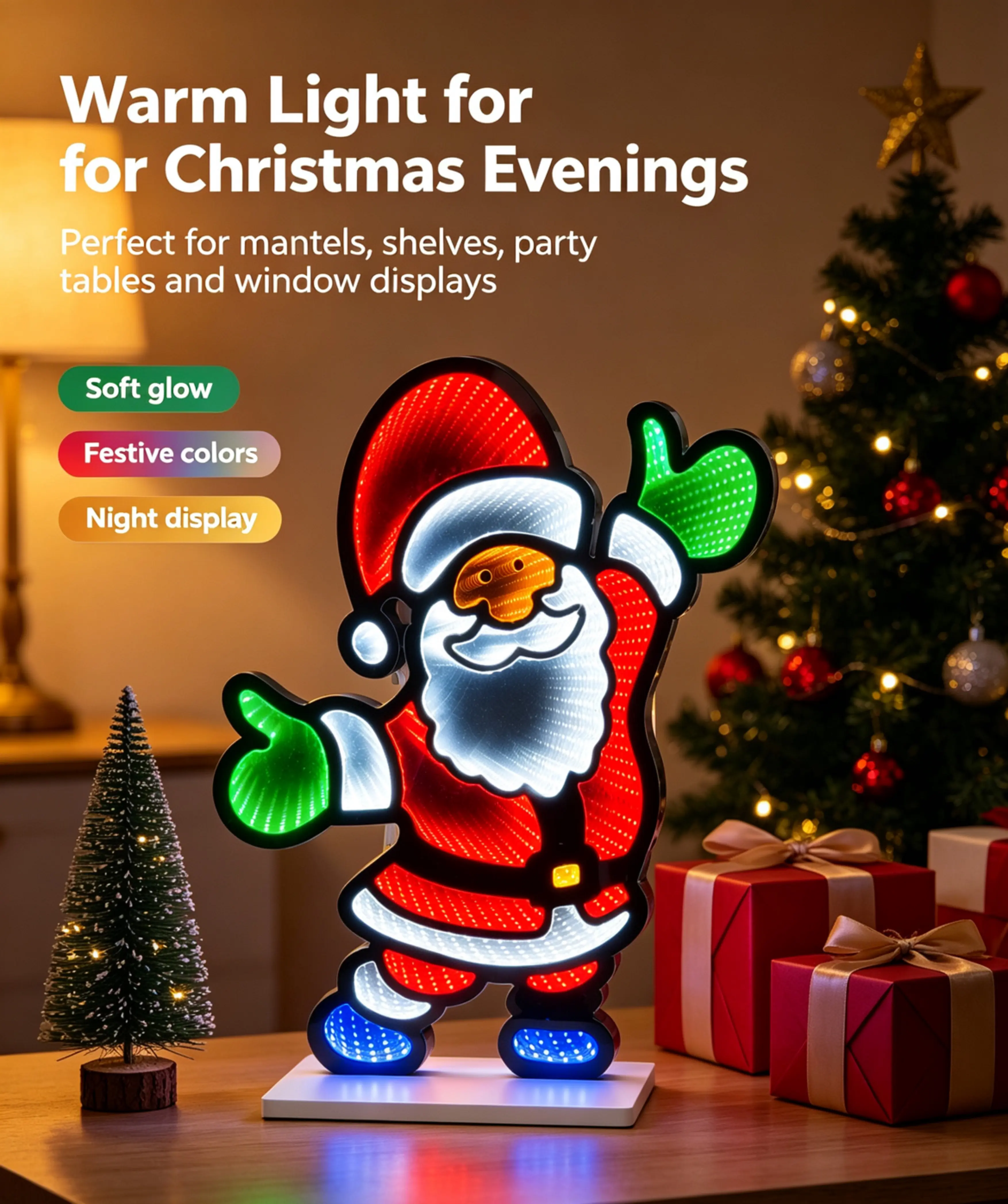Santa Shape Infinity Mirror LED Atmosphere Night Light - 3D Tunnel Effect Illuminated Mood Lighting Christmas Decor for Table, Mantel, Festive Party
