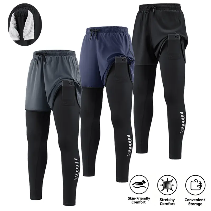 Men's 2-in-1 Gym Workout Pants, Quick Dry Breathable Elastic Waist Running Leggings with Built-in Phone Pocket & Towel Loop, Compression Athletic Trousers for Outdoor Sports & All Seasons tapered sweatpants