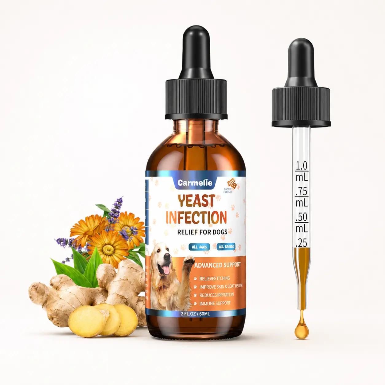 Carmelie Yeast Infection Relief Drops for Dogs – Bacon Flavor 60ml | Soothes Itching, Supports Healthy Ears & Skin, Allergy Relief,  Helps Relieve Yeast Overgrowth, Safe for All Ages Dogs