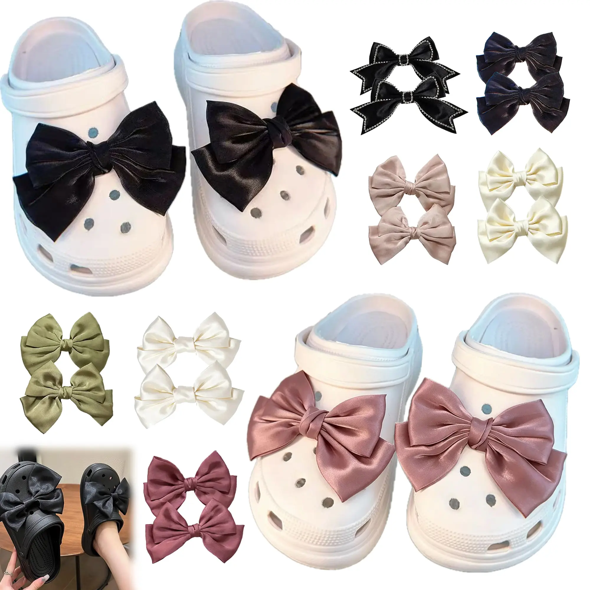 2 Pack Satin Bow Shoe Charms for Crocs, Cute Bow Clog Pins & Shoe Accessories for Women & Girls, Elegant DIY Shoe Decorations, Fashion Shoe Charms for Party, Gift & Daily Wear
