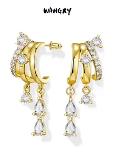WANGXY 18K Gold Plated Triple Huggie Stacked Earrings for Women Gold Chain Drop Dangle Earrings Cute Statement CZ Earrings Trendy Dainty Jewelry Gift