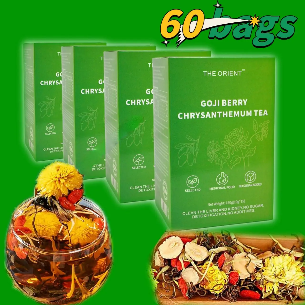 A HEALTHY TEA MADE FROM EIGHT NATURAL INGREDIENTS INCLUDING CHRYSANTHEMUM, WOLFBERRY, CASSIA SEED, ETC., WHICH CAN CLEAR FIRE, IMPROVE VISION, NOURISH AND PROTECT THE LIVER