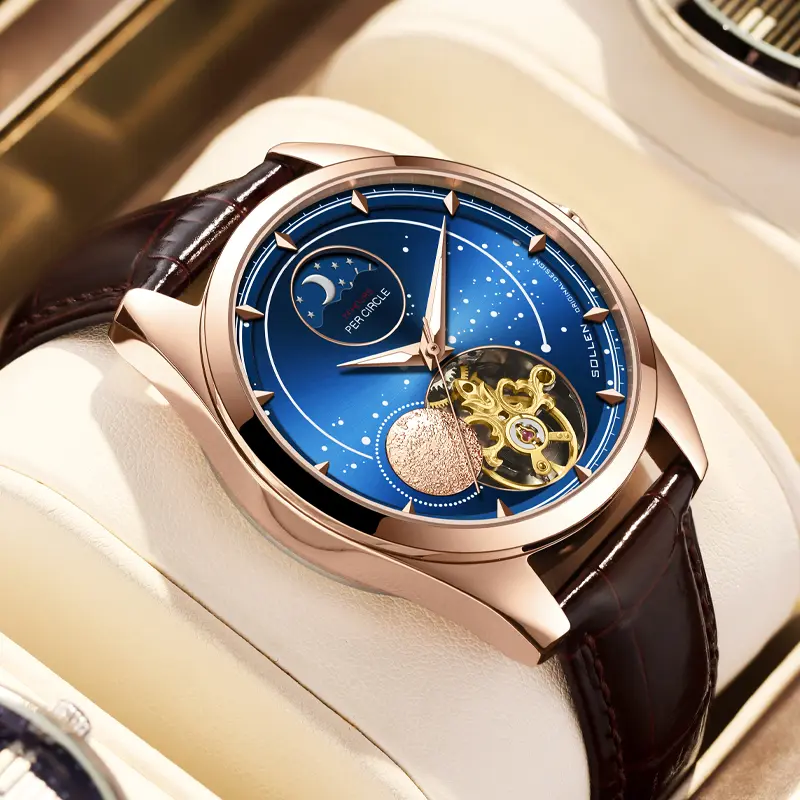SOLLEN Men’s Light Mechanical Watch with Starry Sky Moon Phase Design – Versatile for Business & Casual Wear, Ideal Gift for Birthdays, Valentine’s Day, Father’s Day, and Weddings - SL329