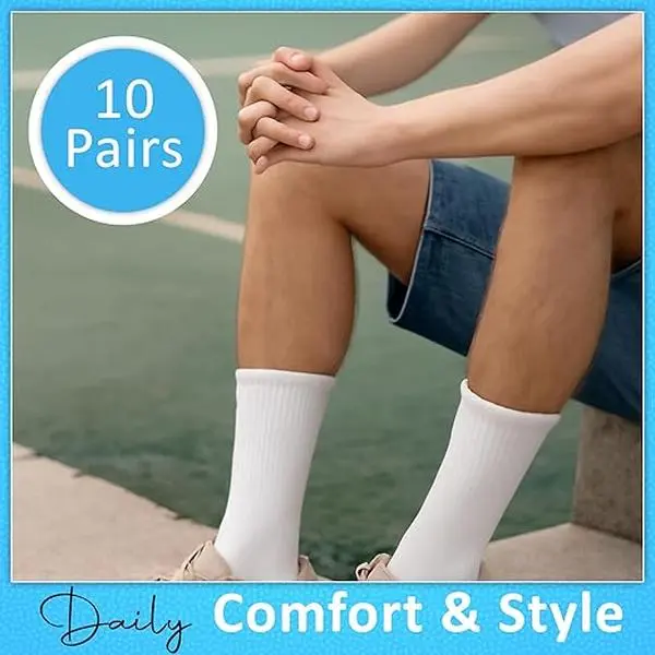 Classic Premium Unisex Cotton Socks - 10 Pairs Ultra Soft Breathable Lightweight Crew Socks for Men & Women White Plain Design Menswear