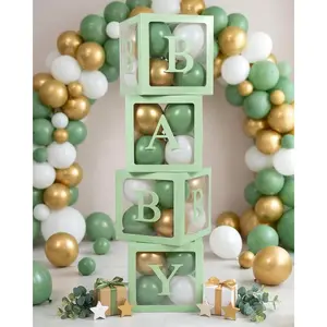4 count Balloon Boxes with Letters, Transparent Clear Balloon Boxes  Blocks Backdrop Decorations for  Party Favors Decor (Green)