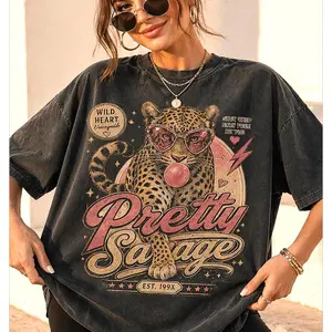 Leopard Graphic T-Shirt Retro Vintage comfy Funny Animal Gift Tee,Pretty Savage Retro Leopard Bubble Gum Oversized T-Shirt, Plus Size Vintage Wild Heart Graphic Tee, Women’s Charcoal Loose Fit Short Sleeve, 90s Aesthetic Top