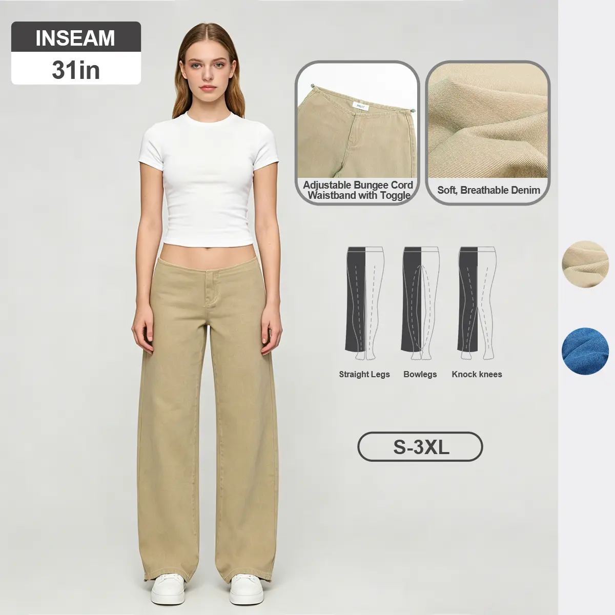 Pwest NYC Low-Rise Wide-Leg Jeans — Adjustable Drawstring Waistband/Hem, Relaxed Straight Cut, Decade Jeans, Super Low Rise, Soft Daily Wear-Spring Summer Bottom Trouser