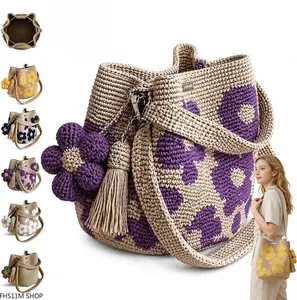 Women's Handmade Crochet Flower Bucket Bag, Large Capacity Knit Shoulder Bag With Tassel Decor, Boho Chic Straw-Style Purse For Summer Vacation, Beach & Daily Outings