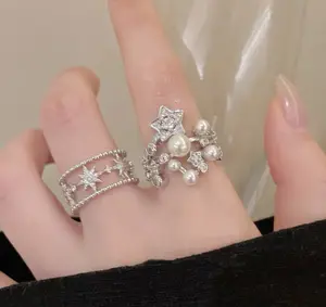 Women's Adjustable Double-Layer Star & Pearl Ring - Sparkling Zircon Crystal Pearl Funky Bold Adjustable Fitted Statement Costume Jewelry Ring, Crystal Rings, Pearl Rings