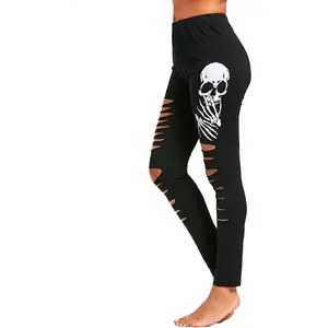 Halloween Skull Women's Plus Size Gothic Skeleton Ripped Cutout Leggings Pants High Waist Cotton Blend Casual Bottoms for Women