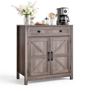 VEVOR Coffee Bar Cabinet, Farmhouse Coffee Bar Table with Drawer, Buffet Stand Cabinet with 2 Barn Doors, Sideboard Buffet Station for Living Room, Entryway, Kitchen, 29.5 x 14.7 x 31.5 in, Grey