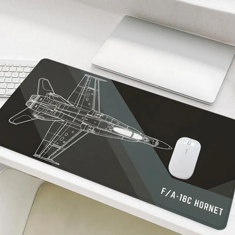 Fighter Jet Blueprint Pattern Mouse Pad, Rectangle Gaming Mouse Pad, Non-Slip Rubber Base Stitched Edge Desk Pad for Home Office Game Room