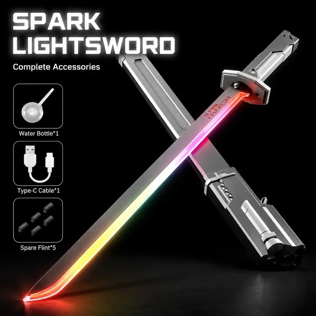 RGB Retractable Handheld LED Saber Toy for Boys - Light Up Sword Saber, Colorful Glow, Spray Spark, FX Sound, Samurai Blade, Cool Role Play Battle Toy, Ideal Birthday Gift