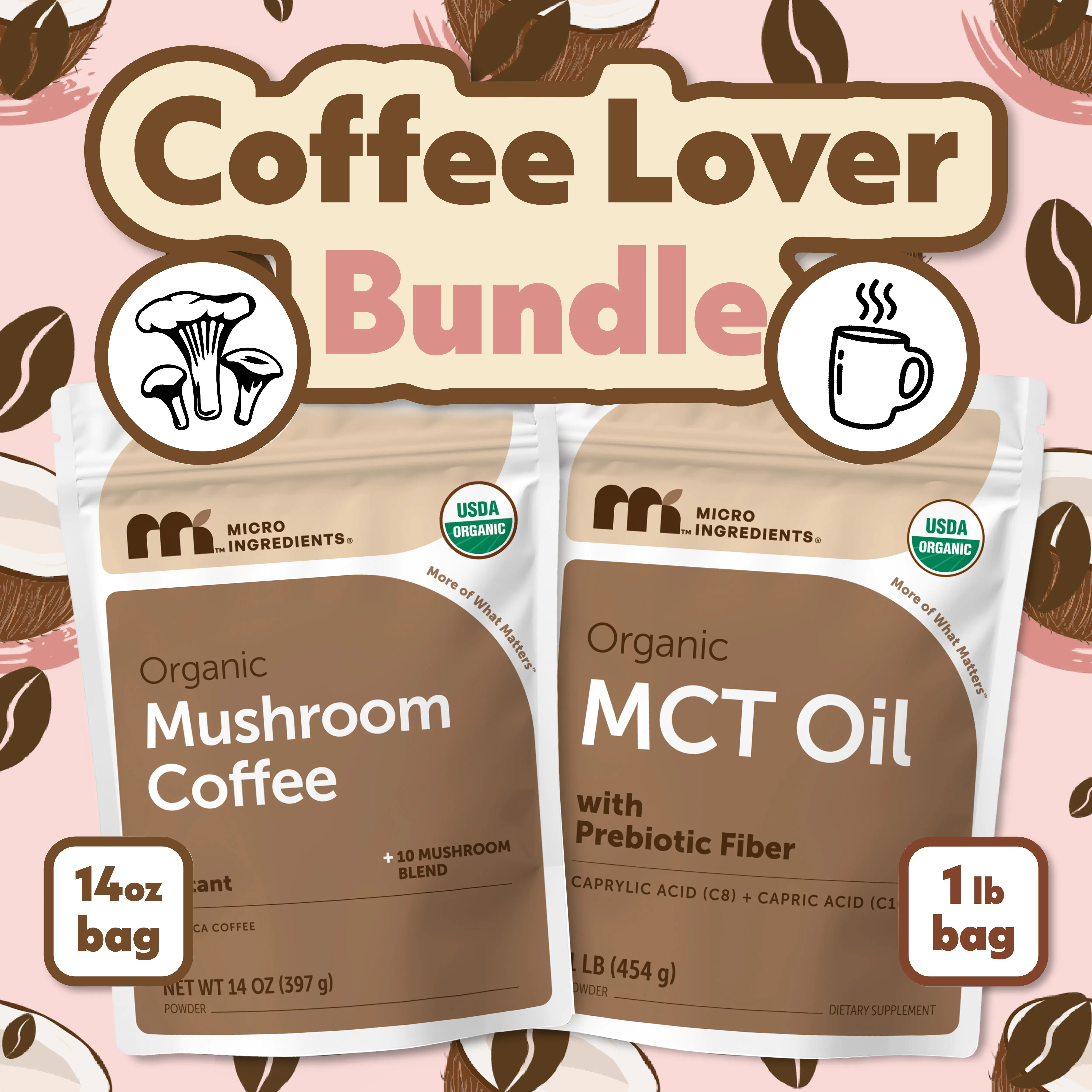 Micro Ingredients Coffee Lover Bundle: Organic Mushroom Coffee 14OZ & MCT Oil Powder 1LB