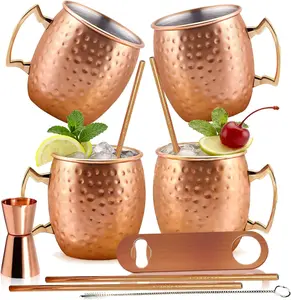 Stainless Steel  Mule Mugs Set of 4, 16 OZ Hammered Copper Finish with Brass Handles, for Wine, Beer, Cold Drink, Bar, Party, Gifts