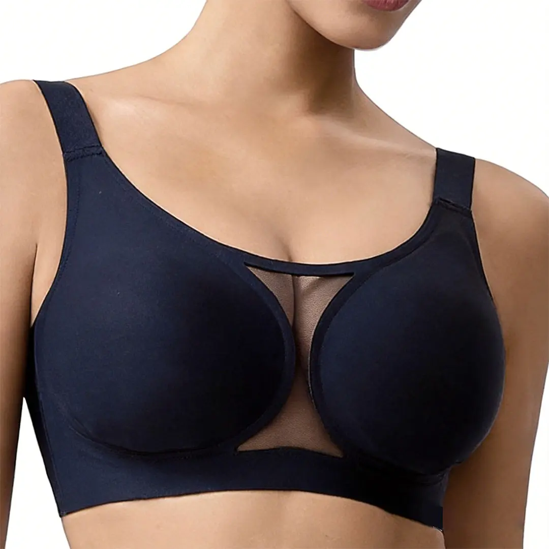 INTHAT Women's Seamless Wireless Bra - Elegance Style, Basic Casual Everyday Wear, Center Mesh Cutout, Deep V, Adjustable Wide Straps, U-Back Support, Anti-Sagging, Invisible Design