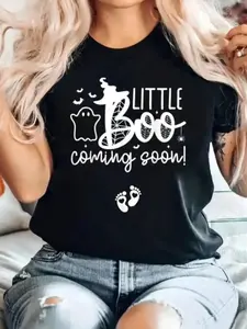 Little Boo Coming Soon Pregnancy Announcement Shirt – Cute Halloween Maternity T-Shirt For Moms, Baby Reveal Tee With Ghost And Baby Footprints