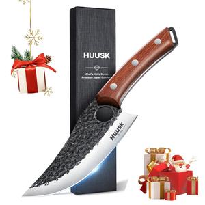 【Summer Sale】Huusk Hand Forged Viking Kitchen Knife – Japanese High Carbon Steel Full Tang Boning & Slicing Knife with Ergonomic Wooden Handle, Small Chef Knife for Meat, Trimming, BBQ & Outdoor Cooking Holiday Xmas Gift for Men