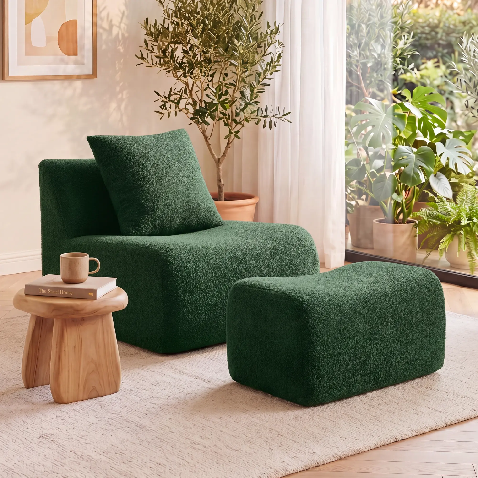 【Deal】HomyCasa Modular Armless Sofa Chair with Ottoman, Teddy Fabric Upholstered Living Room Seat