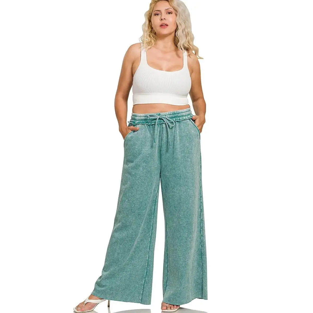 Zenana Plus Acid Wash Fleece Palazzo Sweatpants with Pockets
