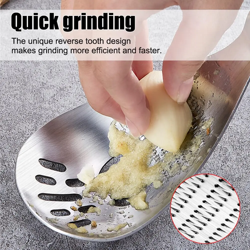 Stainless Steel 2-Pcs Cooking Utensil Set - Sturdy Ginger Grating Slotted Spoon with Handle, Garlic Masher, Strainer-Infused Kitchen Gadget, Durable Cookware Accessory