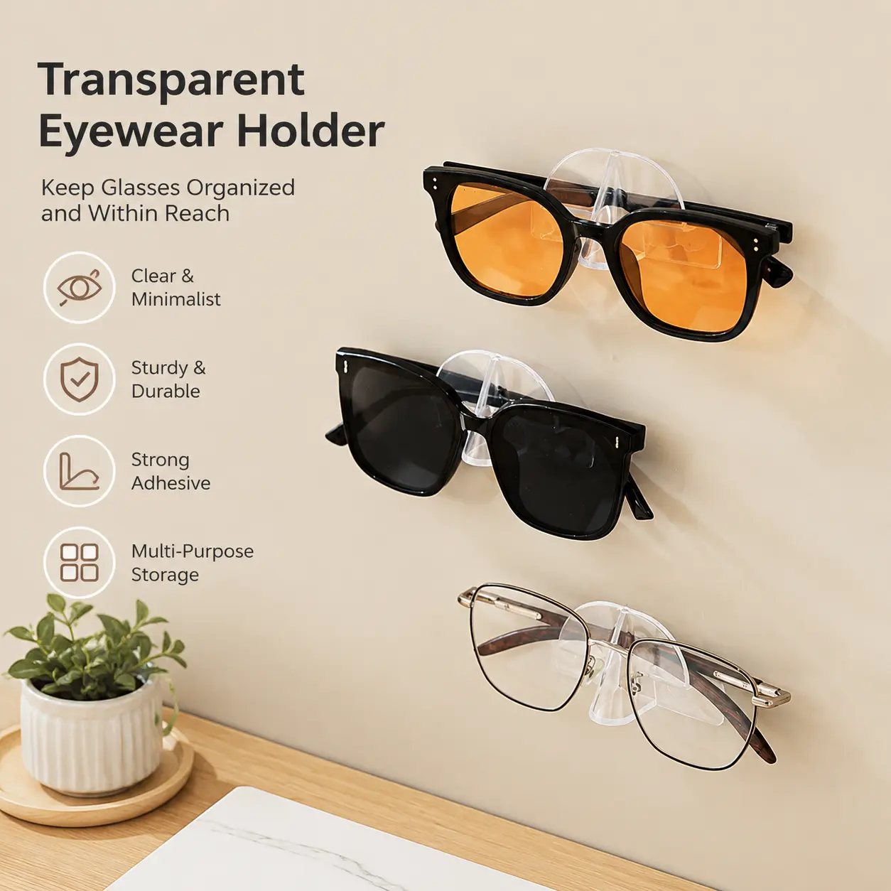 5-Count Transparent Adhesive PS Eyeglass Wall Holder - Smooth Home Organiser, Easy Installation Decor for Home & Office Room Storage, Wall-Mounted Eyewear Display Stand