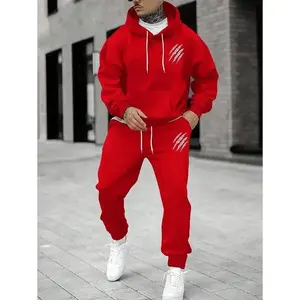 Men's two-piece grab print drawstring hoodie and sweatpants set, men's red two-piece sportswear set, men's hoodie and jogging suit set, red sportswear set, men's sportswear set