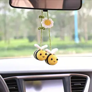 Warrenty Crochet Bee Rear View Mirror Holder Cute Bumblebee Hanging Ornament for Bee Lovers Crochet Lovely Bag Ornament Automotive Interior Decorations
