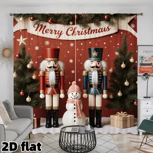 2D Flat 2Pcs Festive Nutcracker Print Curtains Merry Christmas Theme Red Backdrop Snowman Decor Semi Sunshade Rod Pocket Design Living Room Bedroom Holiday Window Treatment Home Decoration Curtain Perfect Gift Seasonal Home Decor Privacy Protection