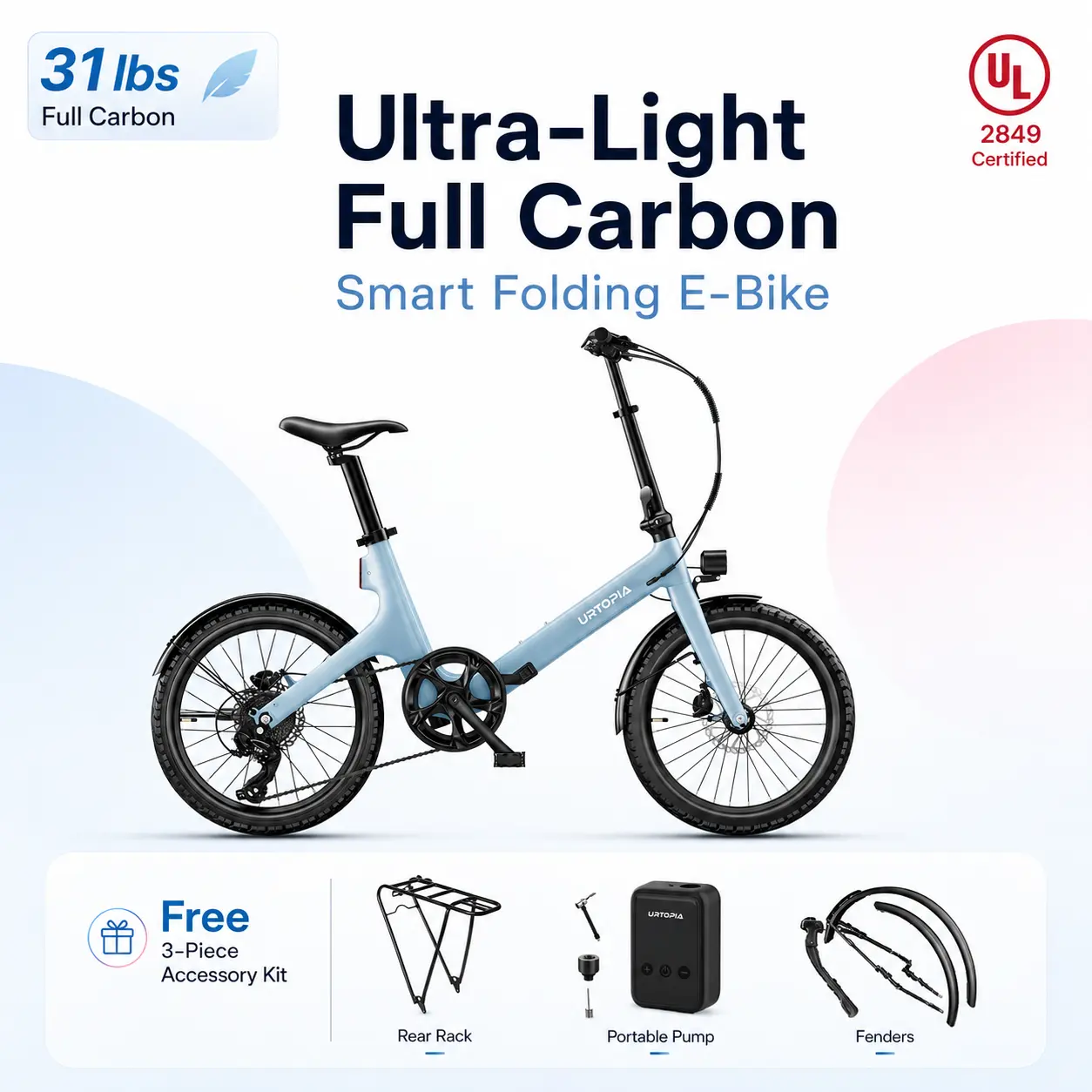 Urtopia Carbon Fiber Fold Step-Thru E-Bike - 31 lbs Lightweight Modern Sleek 7-Speed Trigger Class 2 Folding Electric Bike for City Commuting, Foldable Bikes