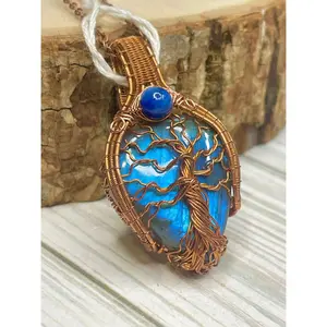 Labradorite + Kyanite Tree of Life Genuine Copper Pendant