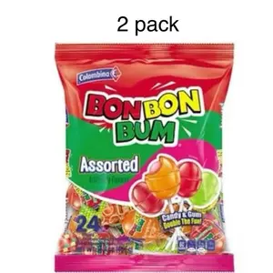 Colombina Bonbonbum: Bolsa de 24 Chupetas, Lollipops w/Bubble Gum Center, Individually Wrapped, 2 Pack (48 Count) - Snack, Bubblegum
