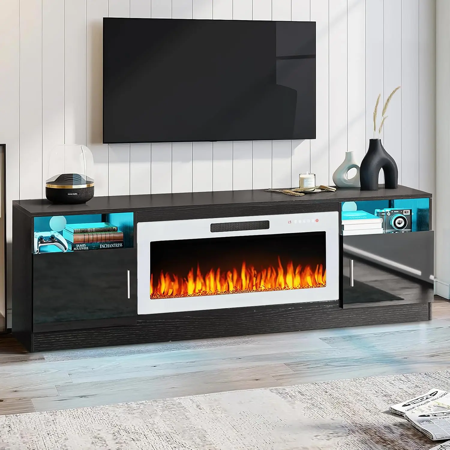 70in-Black stand+white fireplace
