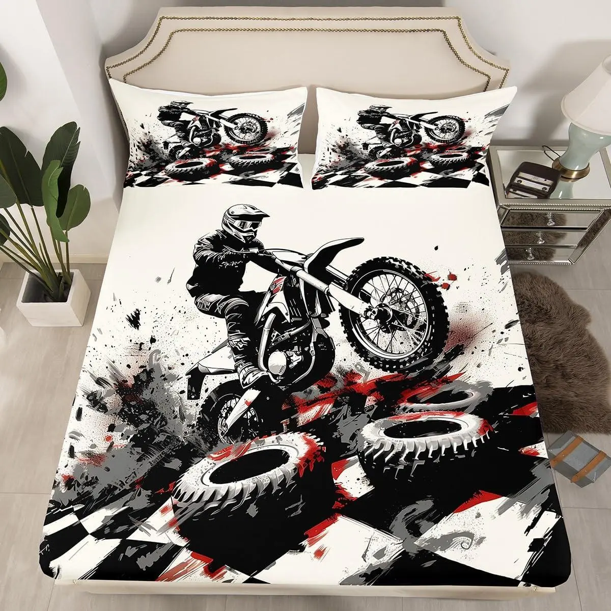 Dirt Bike Fitted Sheet Motorbike Bed Sheet Set Ultra Soft Racing Motocross Rider Fitted Sheet Extreme Sports Bed Cover Room Decor Cool Bed Set