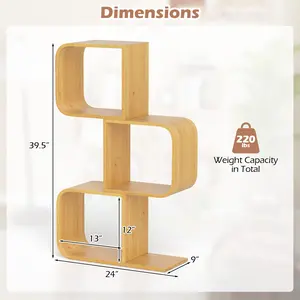 COSTWAY - 3-Tier S-Shaped Bookcase with 3 Open Cubes for Living Room-Natural