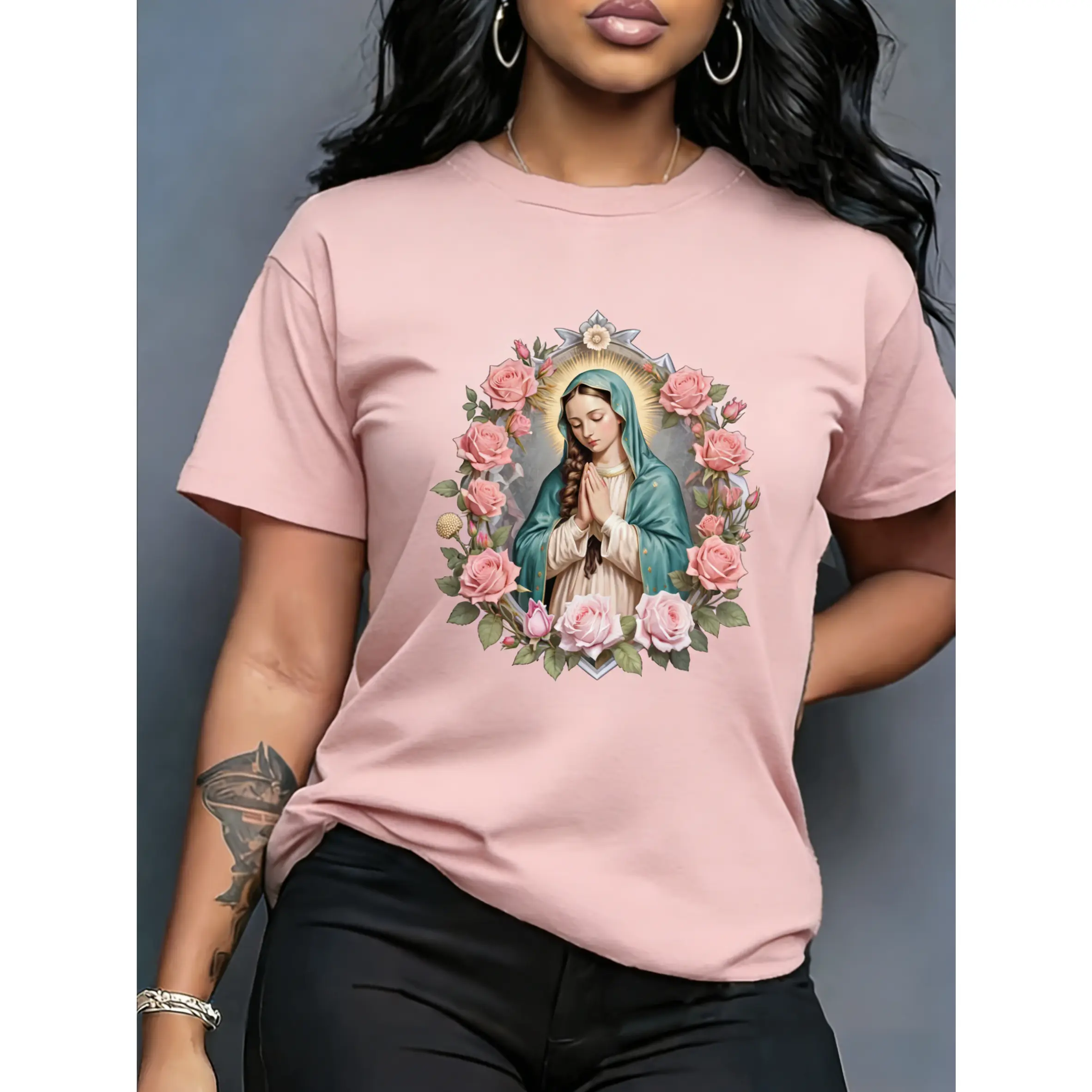Women's Short-Sleeve Casual Fit Red T-Shirt - Smooth Fabric, Prayerful Woman in Blue Robe, Pink Roses, Ideal for Everyday Use & Gifting to Loved Ones