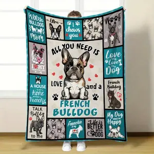 Cozy Flannel Throw Blanket with Adorable French Bulldog Print - Soft Warm All-Season Polyester, Quilted Contemporary Design for Couch Bed Camping Travel, Multi-Color Pet Lover Gift  Lightweight and skin-friendly, a must-have for home and travel.