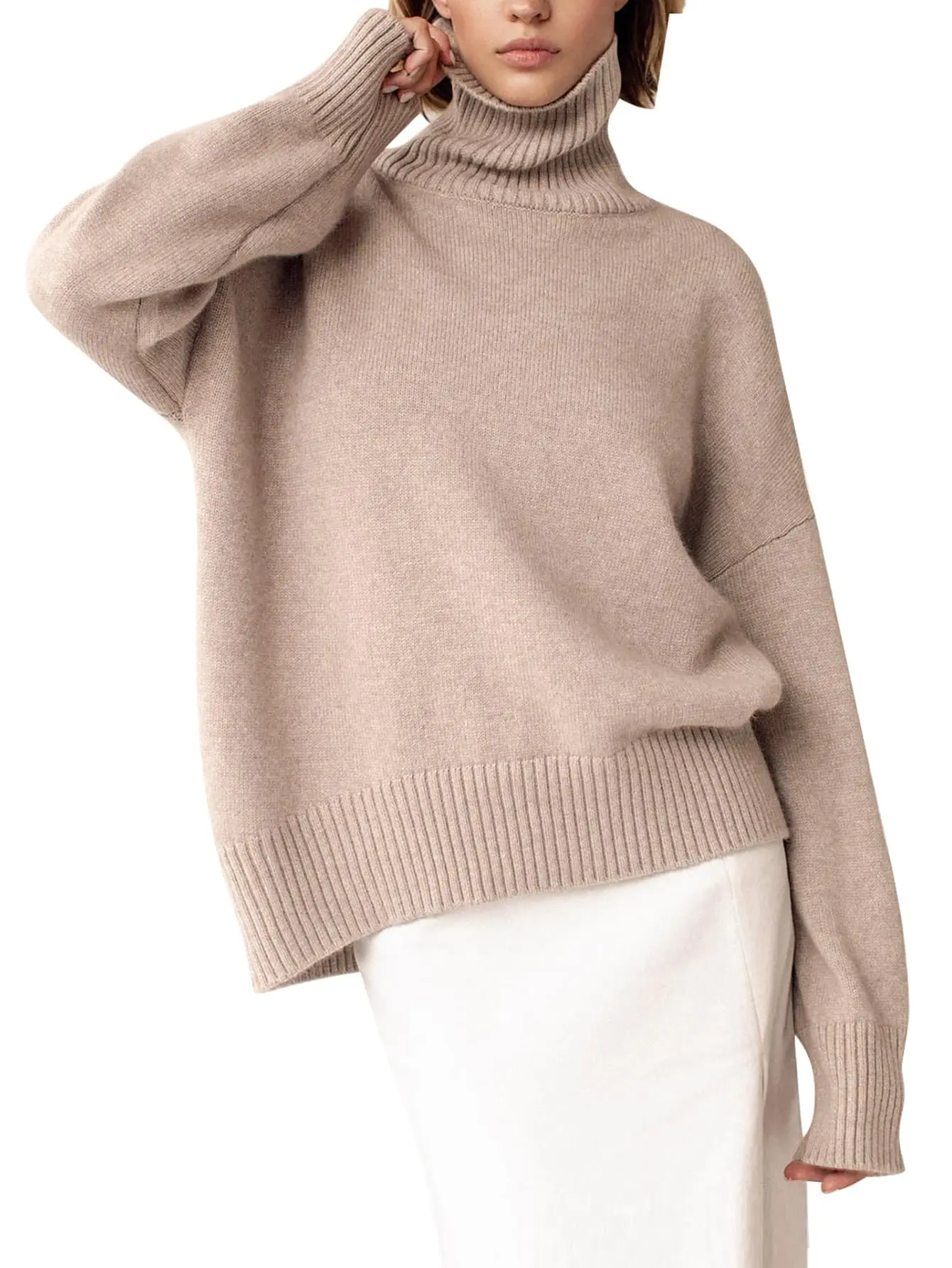 Yimoon Women's Turtleneck Sweater Chunky Long Sleeve Knitted Pullover High Low Hem Trendy Fall Winter Basic Jumper Top