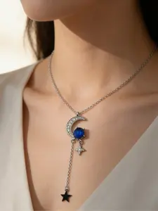 Dreamy Star Moon Blue Agate Necklace with Diamond Crescent Tassel, Stars Cross Pendant, Atmosphere Choker Chain, Elegant Jewelry